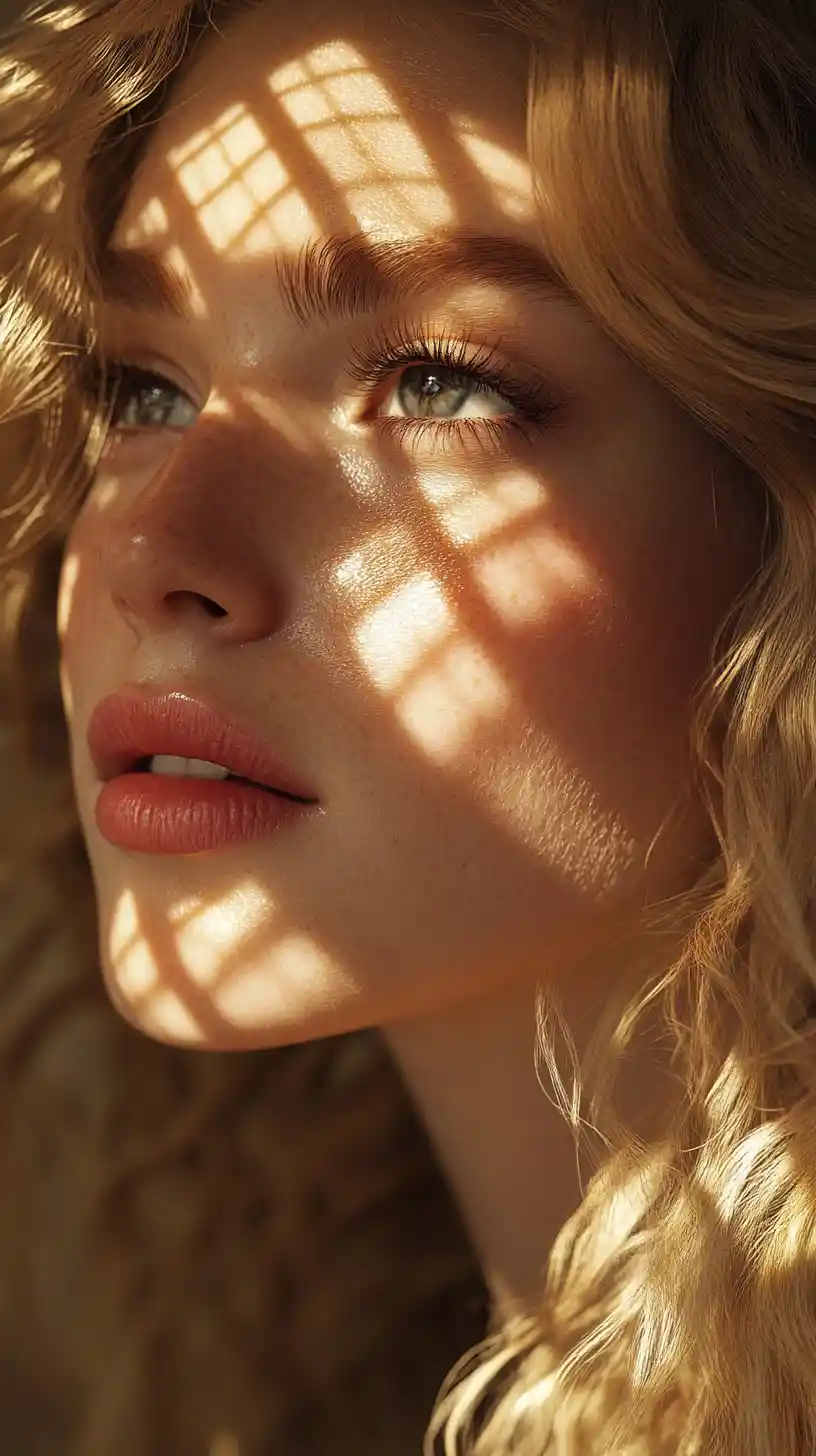 Close up portrait of girl in patterned golden sunlight