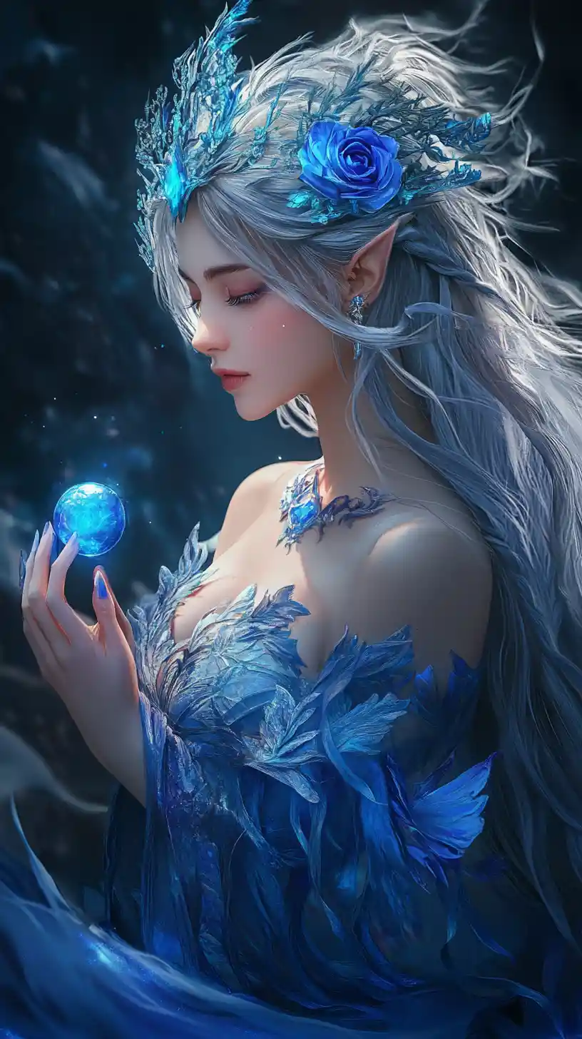 Ethereal blue haired fantasy goddess with glowing floral crown