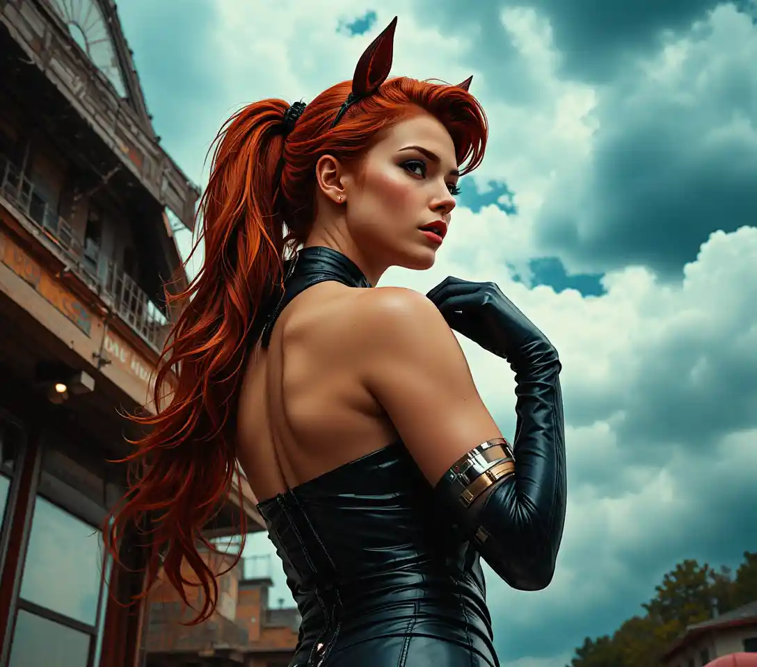 Red haired sci fi woman in black leather hero outfit