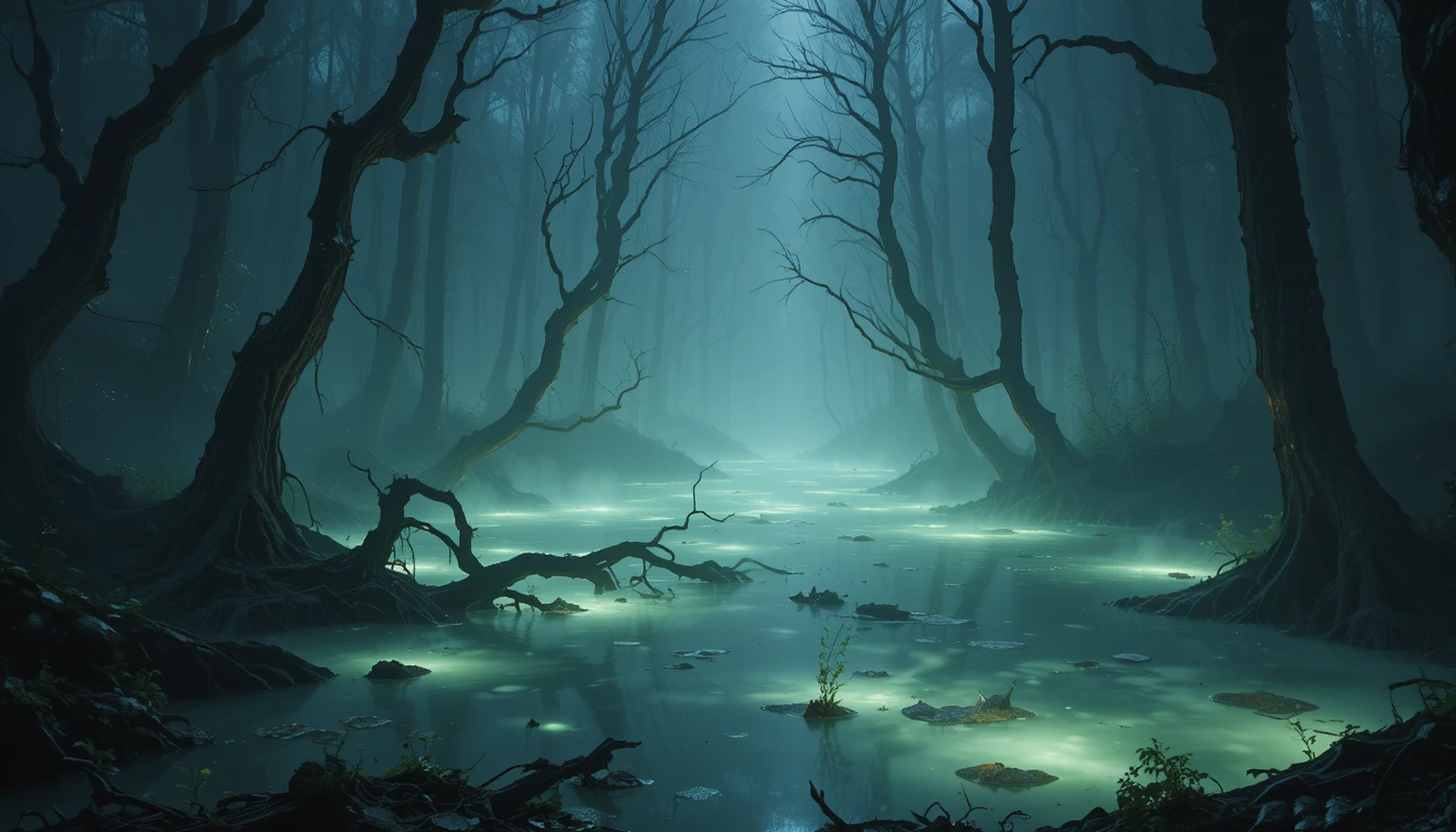 Glowing pond in a misty ancient forest clearing