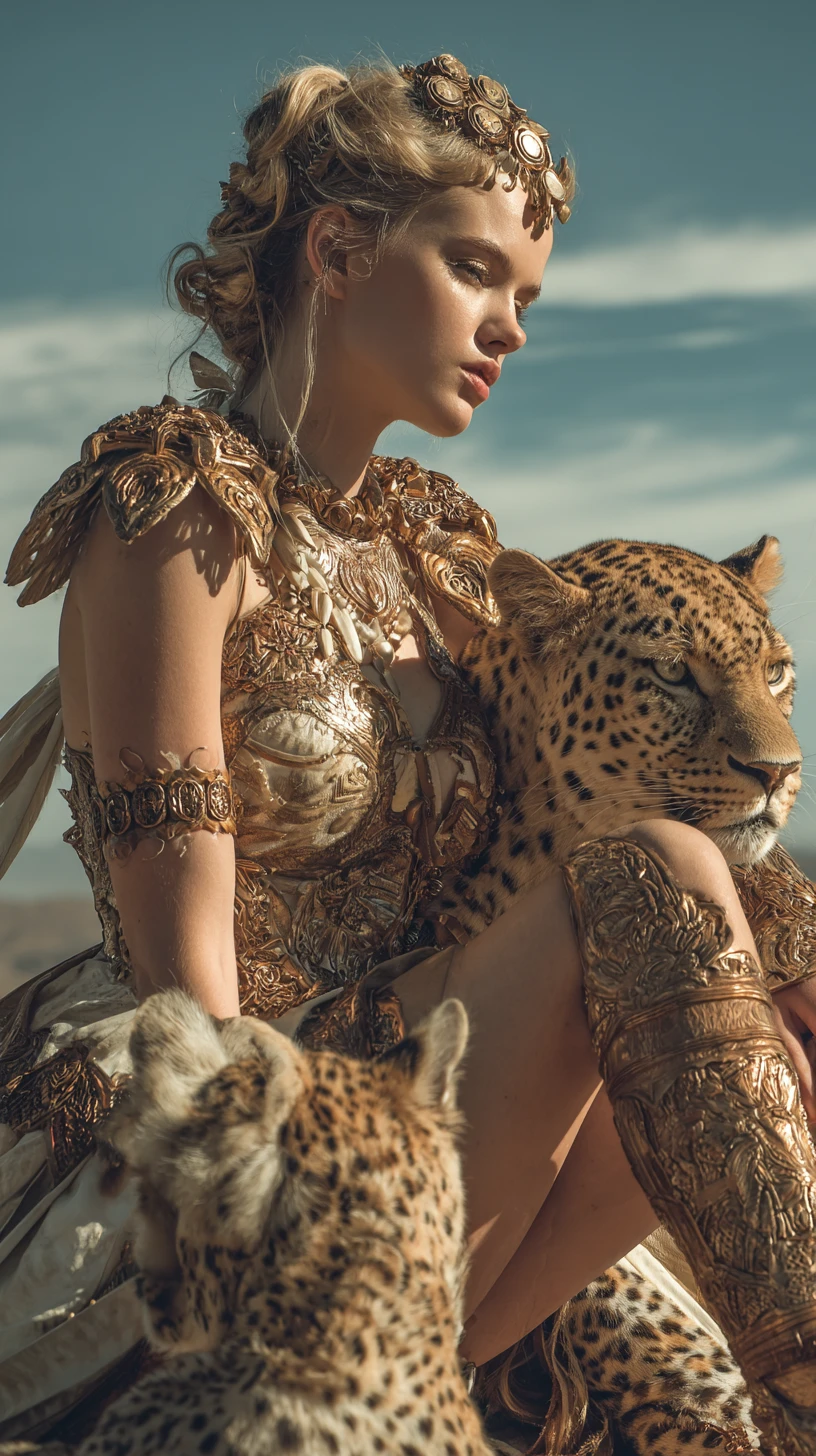 Desert warrior queens in ivory couture with leopards