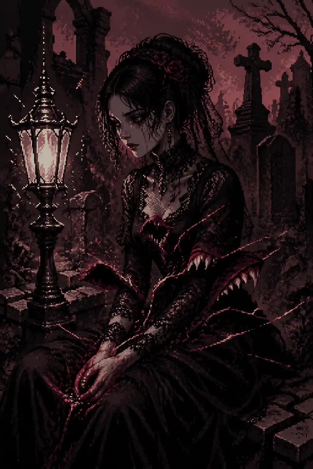 Gothic-Frau im Spitzenkleid auf einem verfallenen Friedhof
