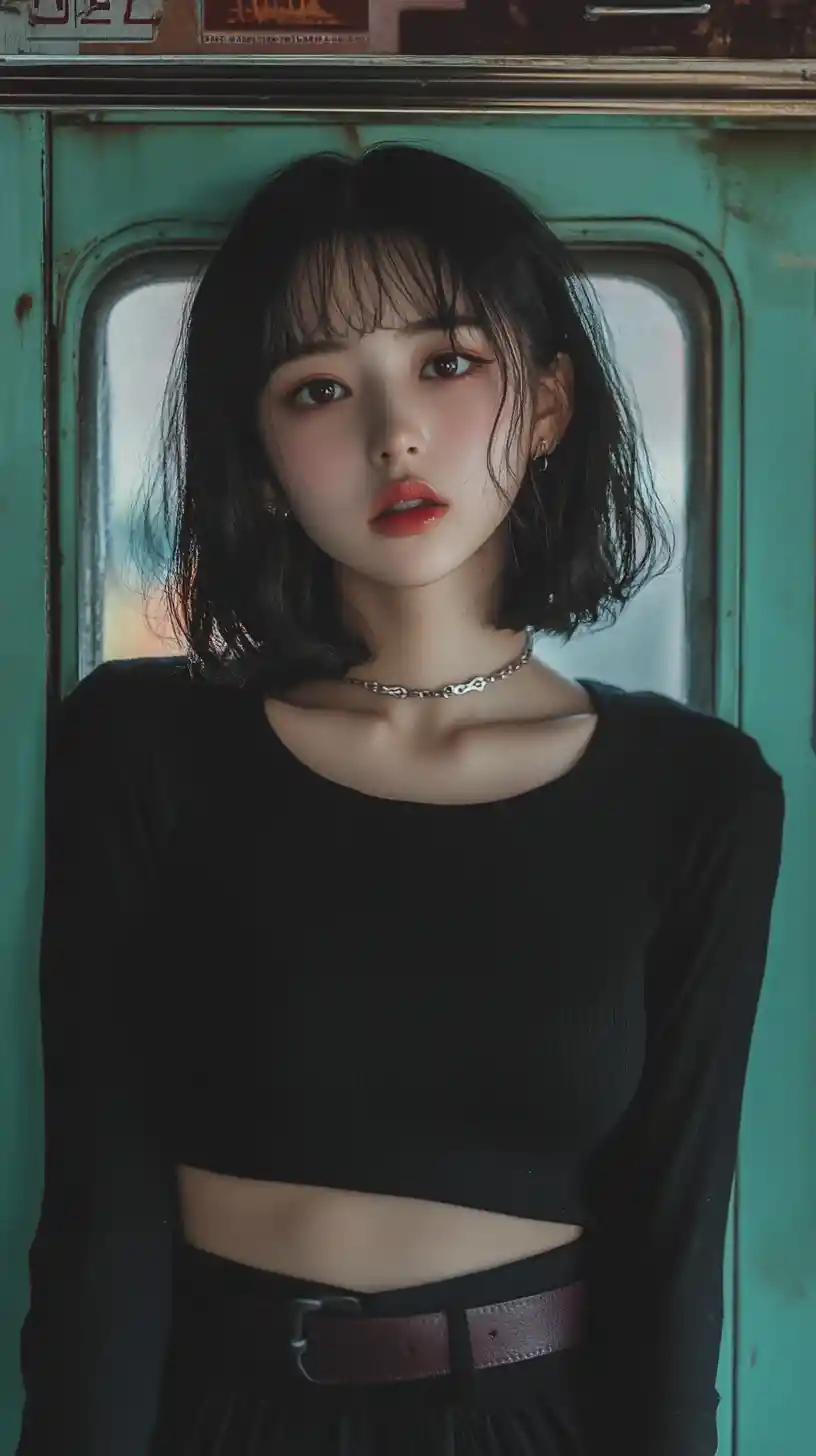 Chica de anime apoyada en casilleros escolares verdes vintage