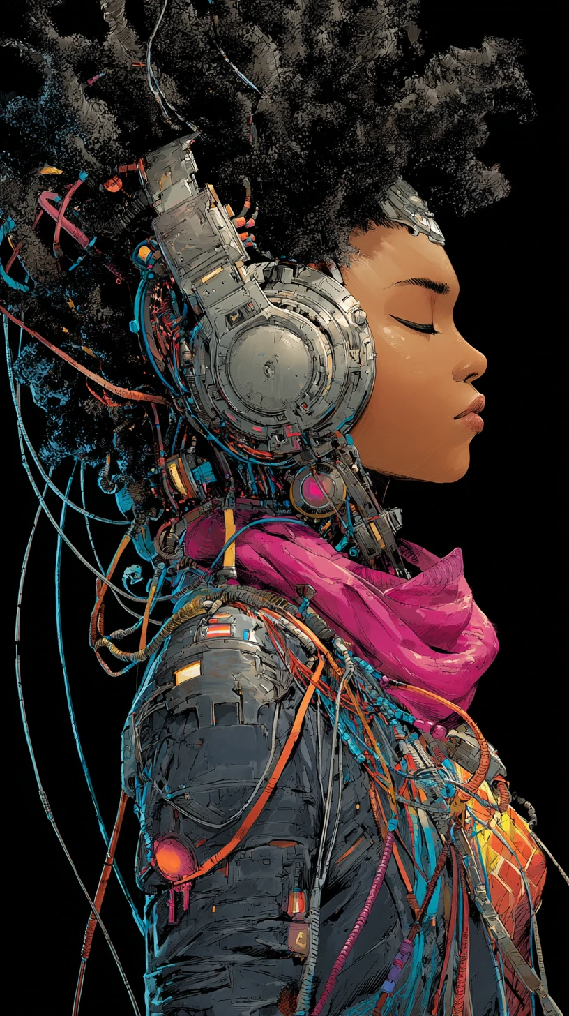 Cybernetic woman in profile wearing ornate silver headphones