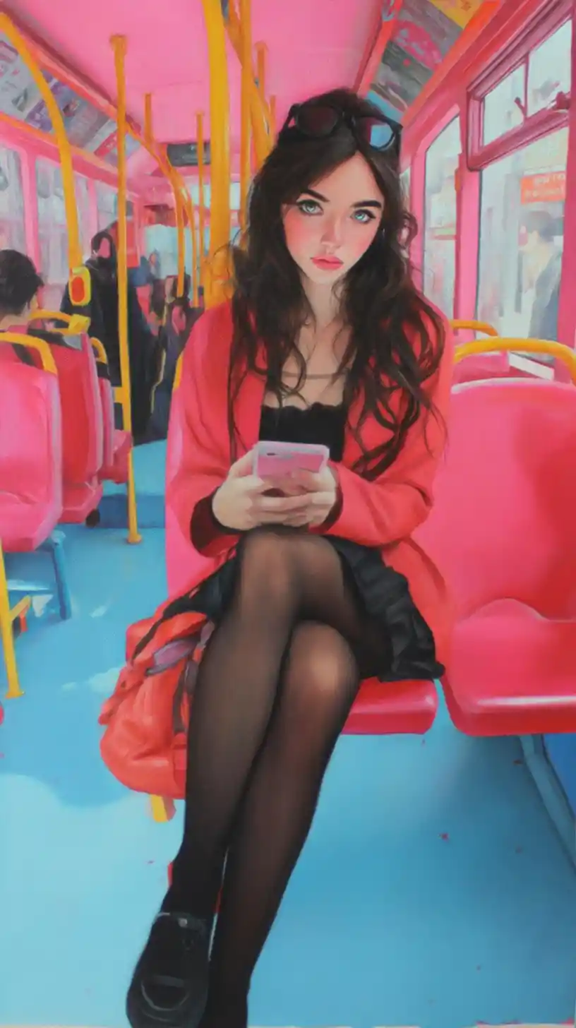 Woman on a morning bus gazing at camera with smartphone