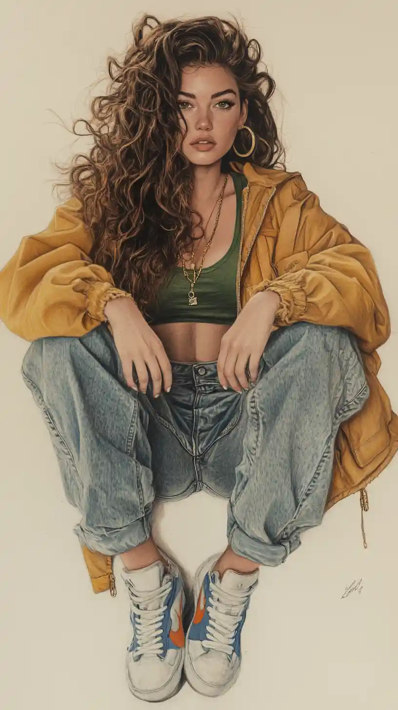 Mulher sentada com cabelo cacheado em streetwear casual