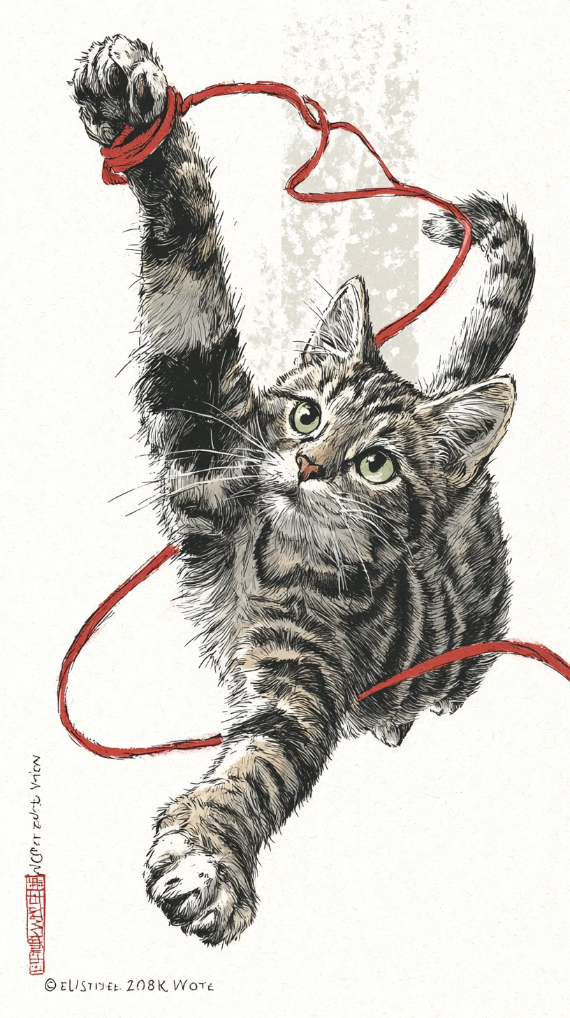 Playful tabby kitten leaping mid air after red yarn