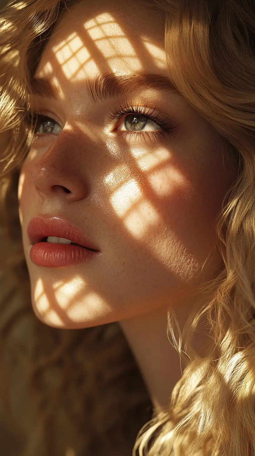 Close up portrait of girl in patterned golden sunlight