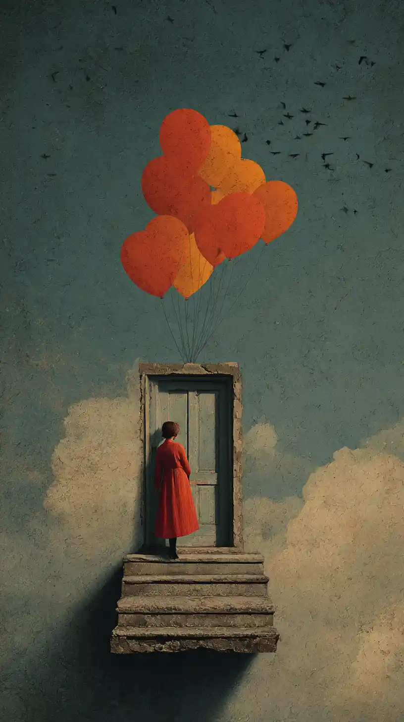Surreal painting of impossible love in warm glowing colors