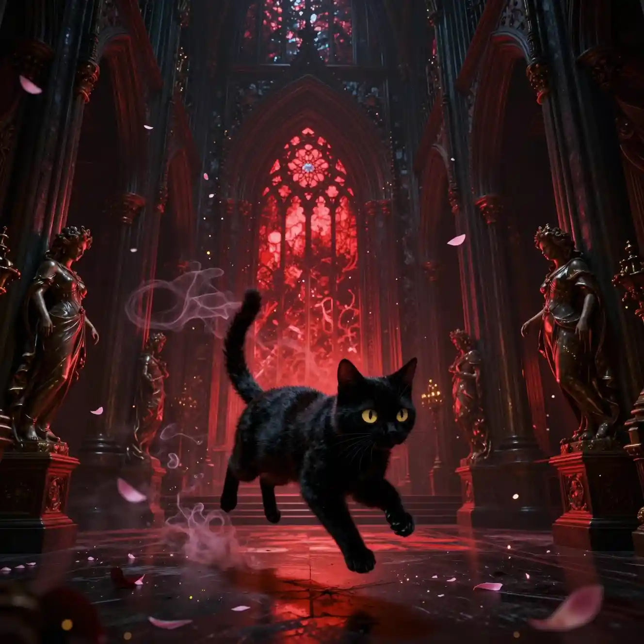 Black cat leaping through red lit gothic mirror hall