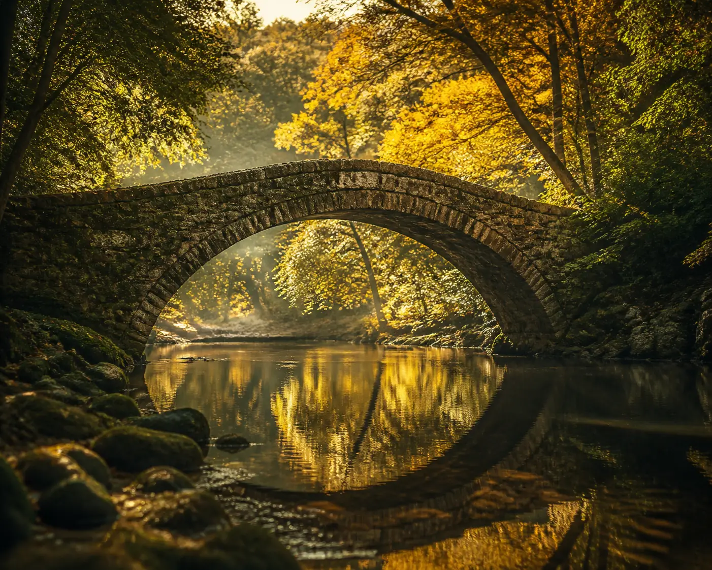 Ancien pont de pierre reflété sur une rivière d’automne paisible