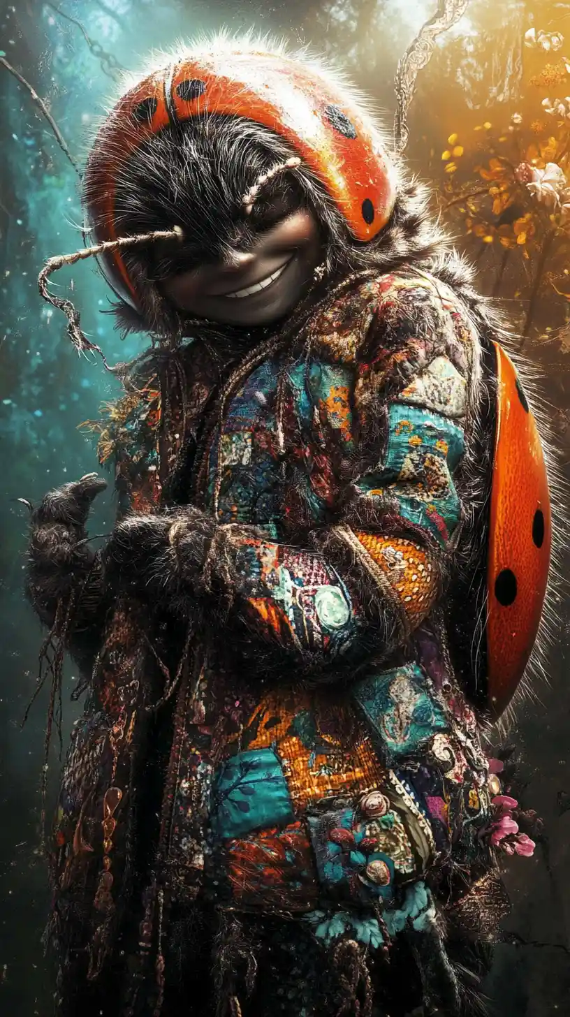 Whimsical ladybug character in bohemian patchwork jacket