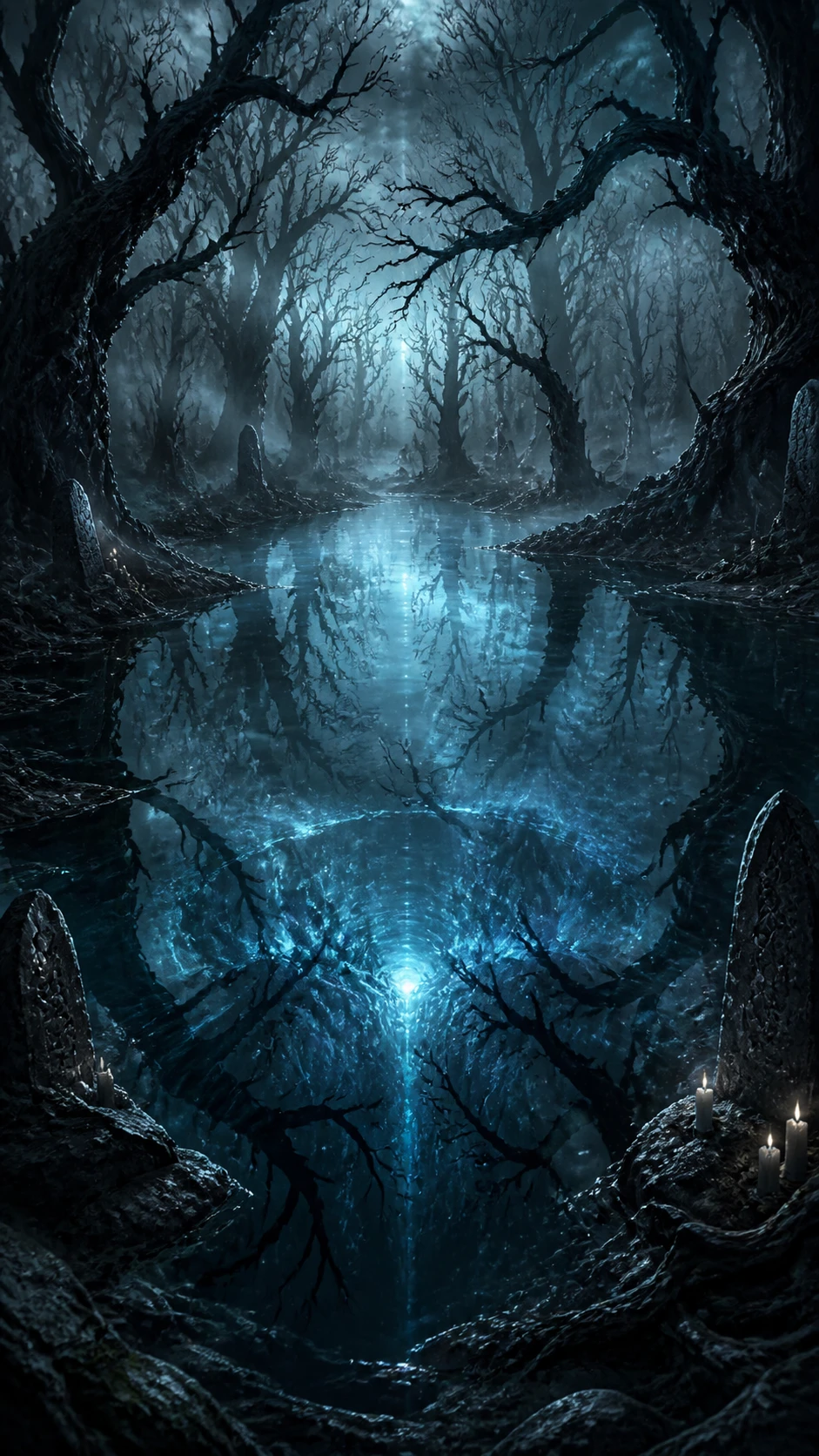 Luminescent Pond Deep In An Ancient Misty Forest