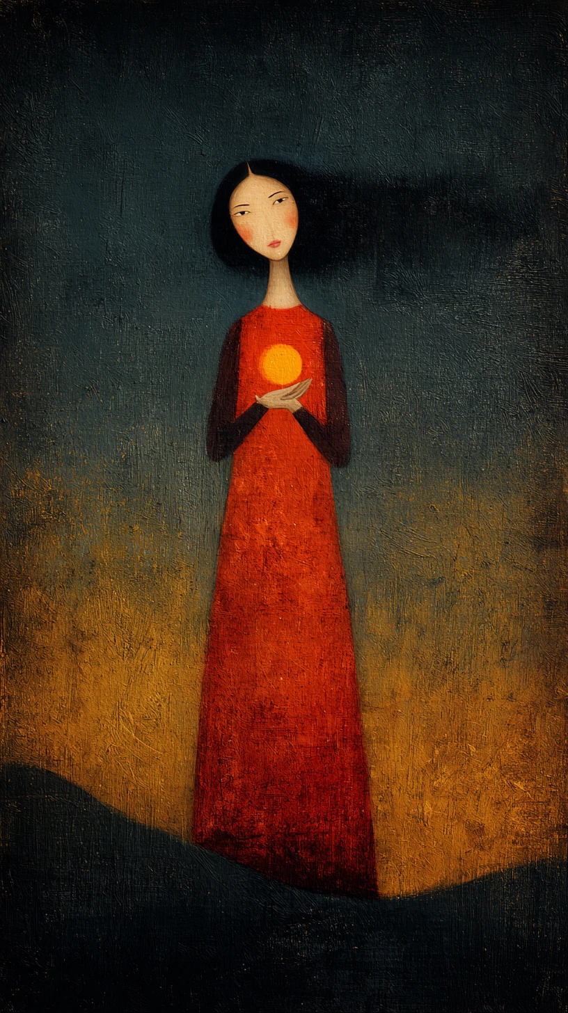 Surreal guiding woman bathed in warm glowing colors