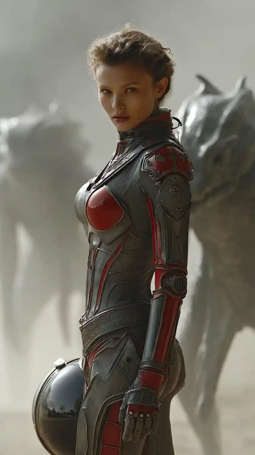 Female astronaut in black and red suit on alien world