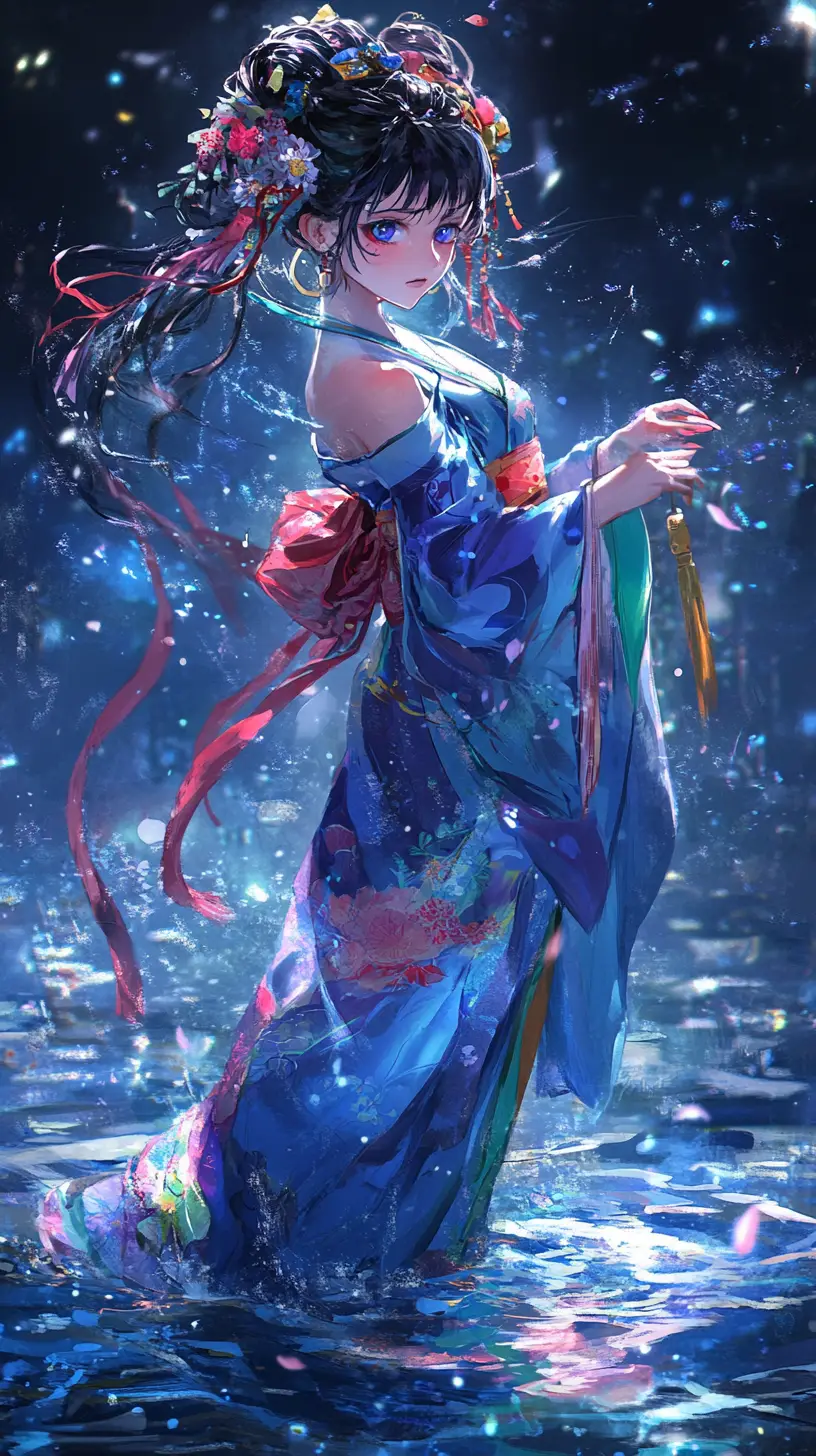 Anime warrior princess dancing in a vibrant kimono