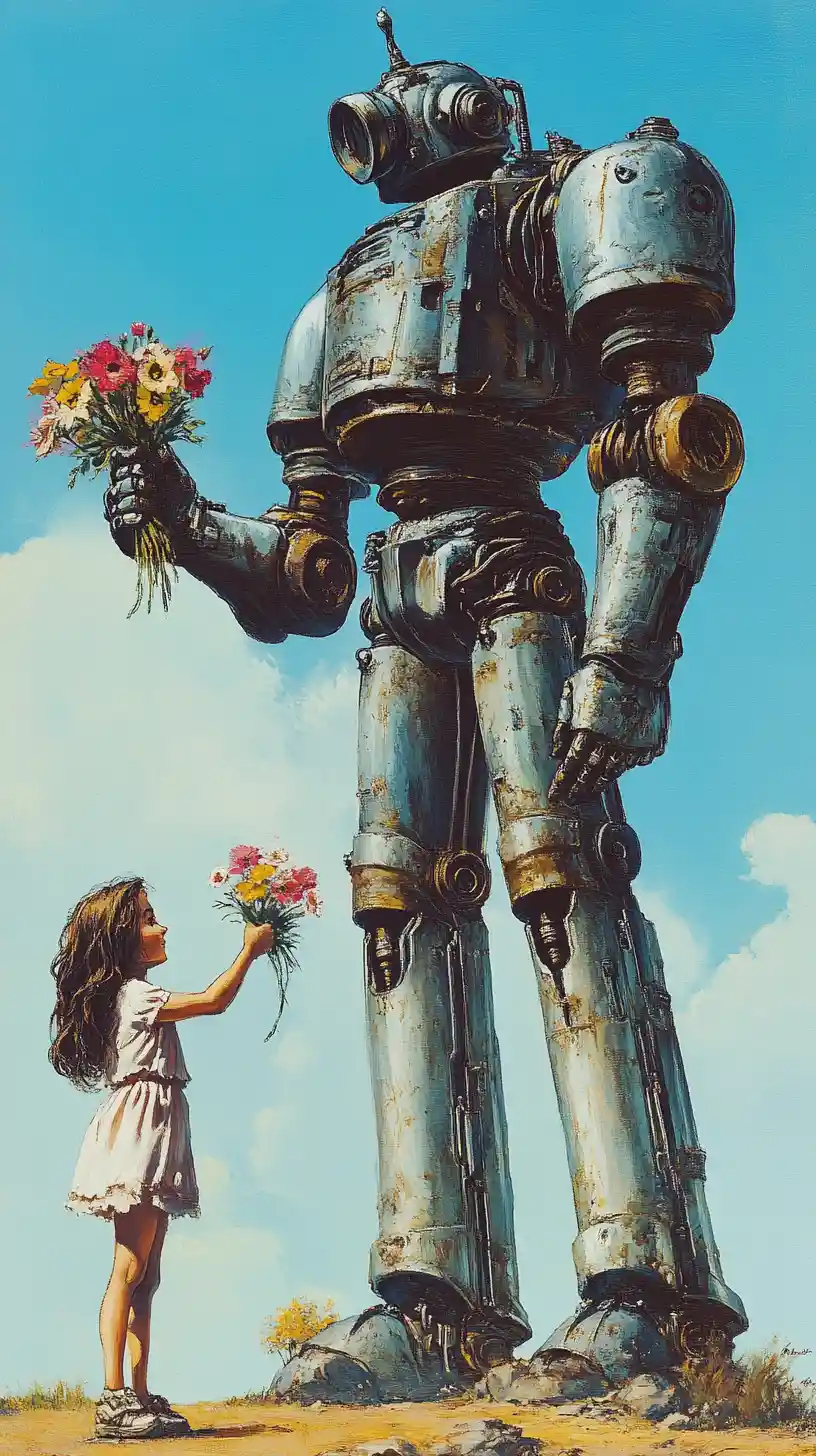 Giant robot offering flowers to a smiling little girl