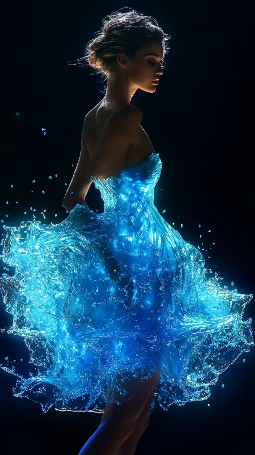 Frau in fließendem, leuchtend blauem Wasserkleid vor schwarzem Hintergrund