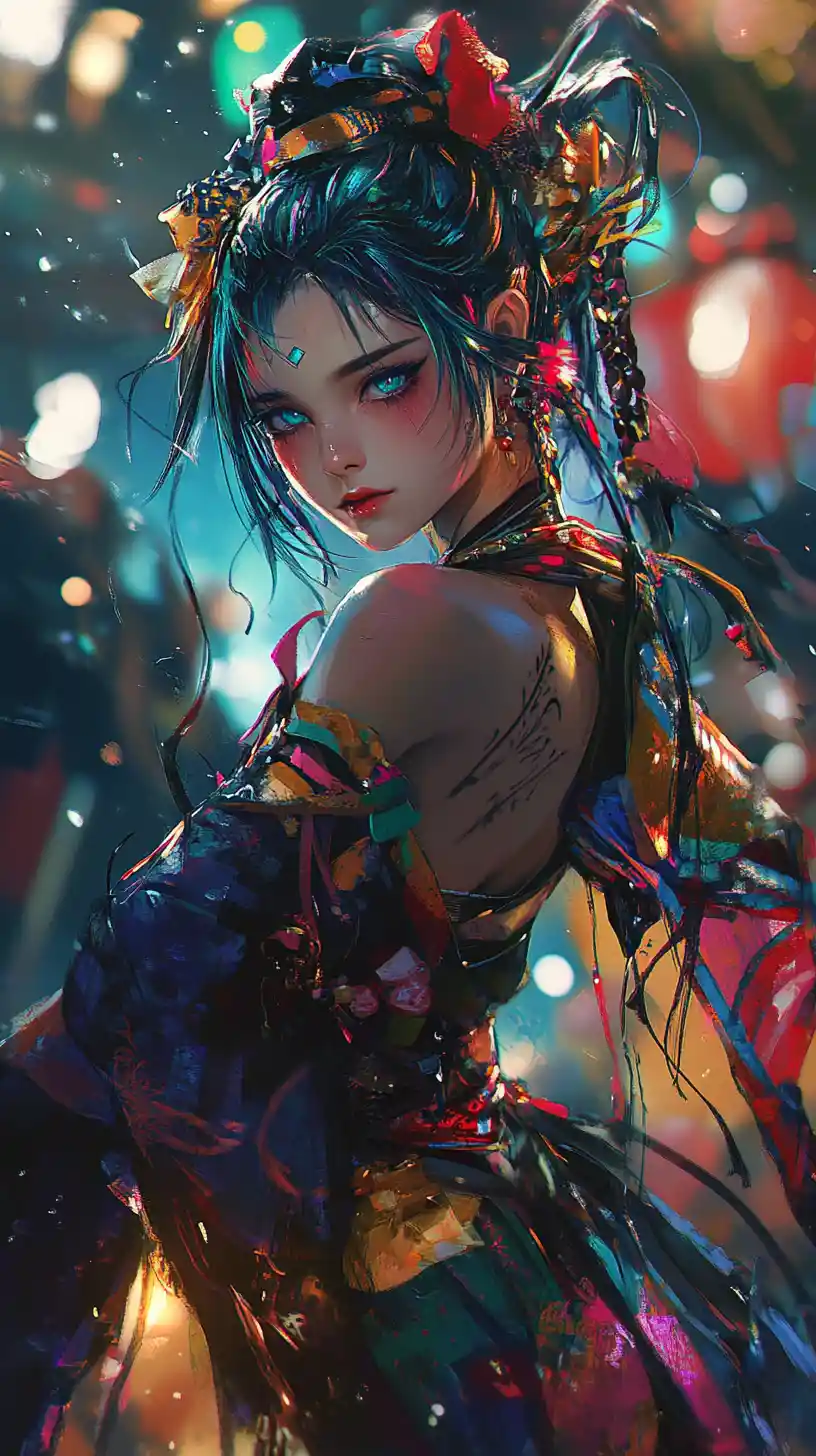 Dark anime warrior princess dancing on a shadowed stage
