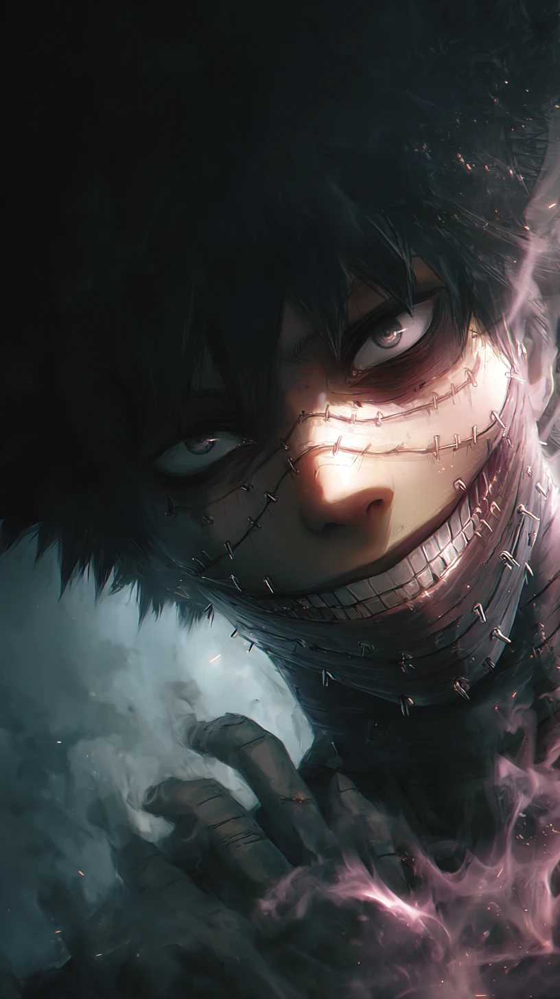 Sinister anime villain portrait with stapled scarred face