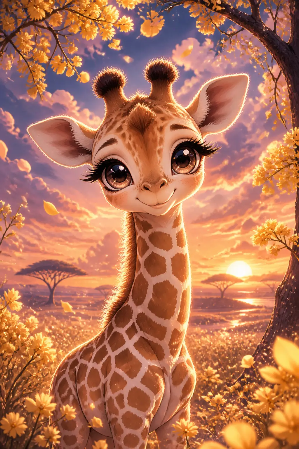 Cute anime baby giraffe beside acacia trees at sunset