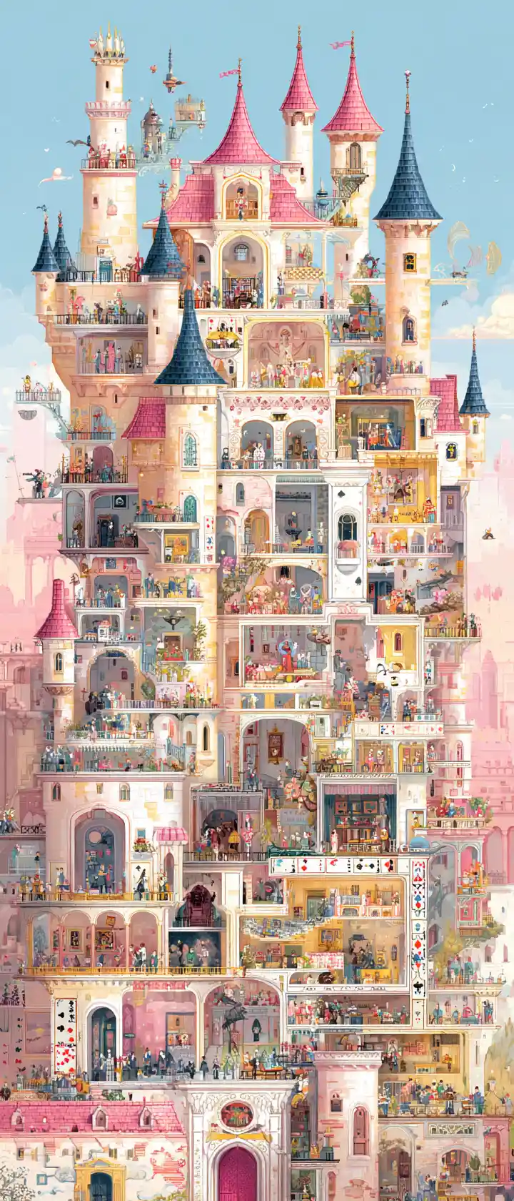 Whimsical wonderland castle cutaway with card soldiers