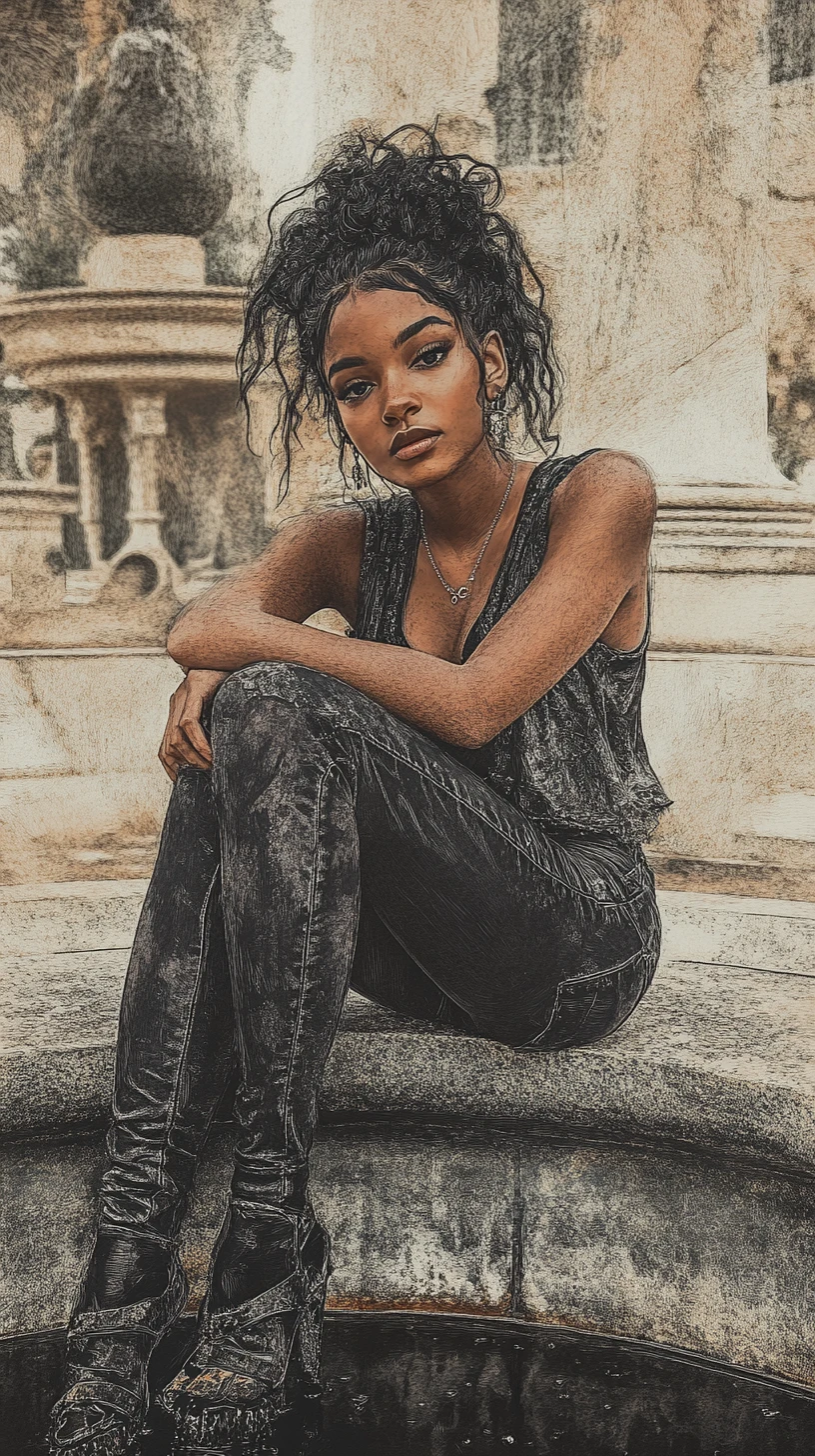 Young black woman by a stone fountain in floral dress