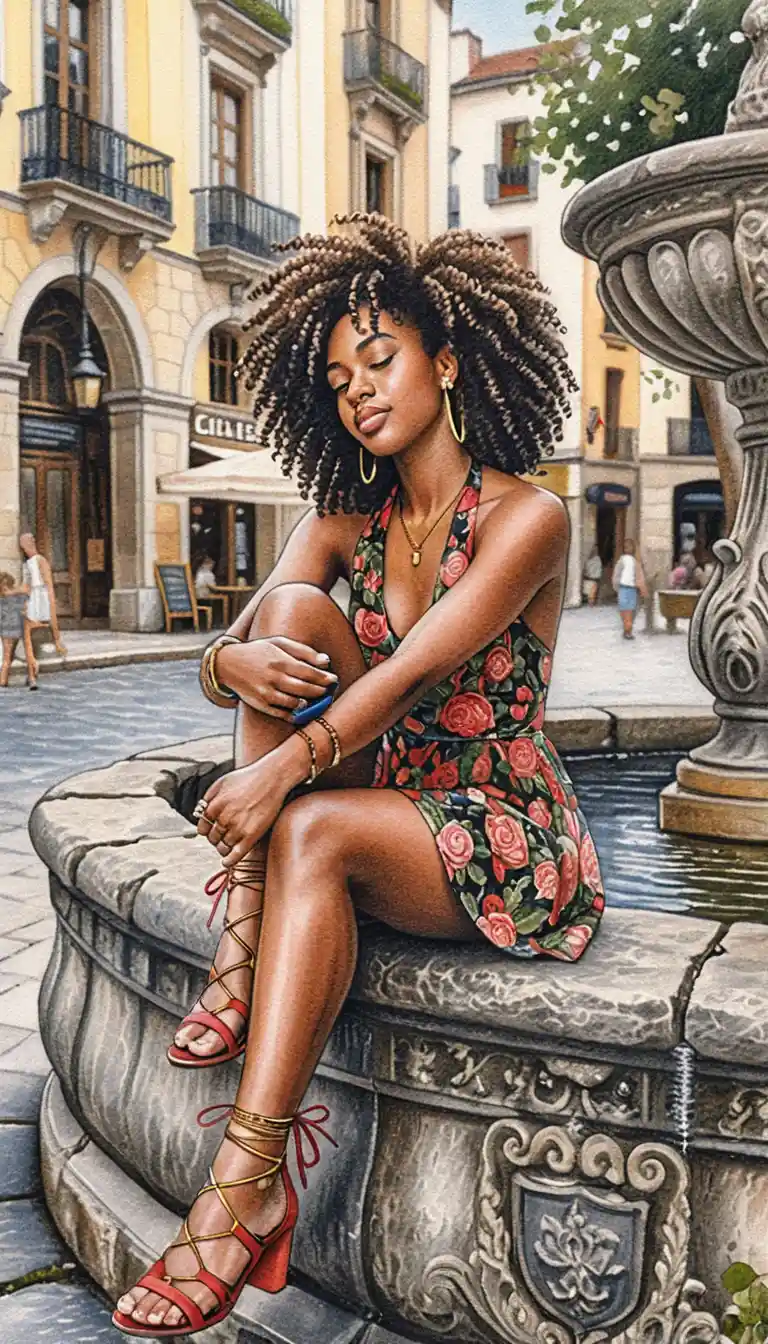 Sensual black woman at stone fountain in color pencil illustration