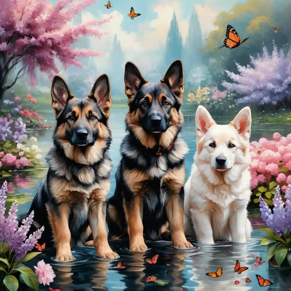 Playful german shepherd puppies in a dreamy spring garden
