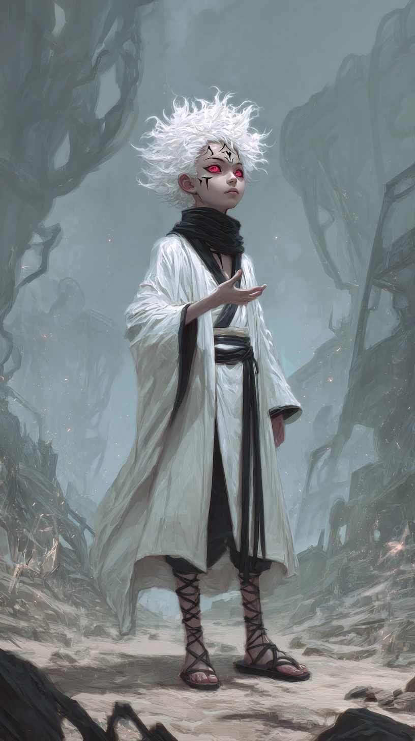 White haired fantasy boy under ethereal light in rocky wilds
