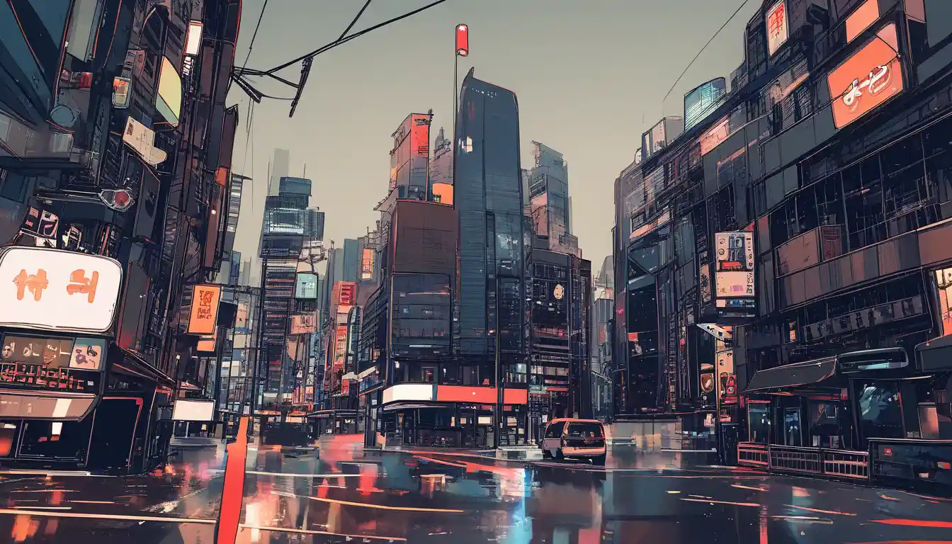 Lonely figure walking in a rainy minimalist night city