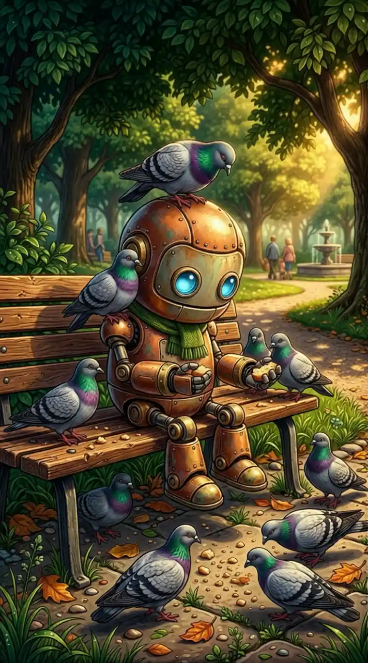 Cute robot feeding pigeons on a sunny park bench