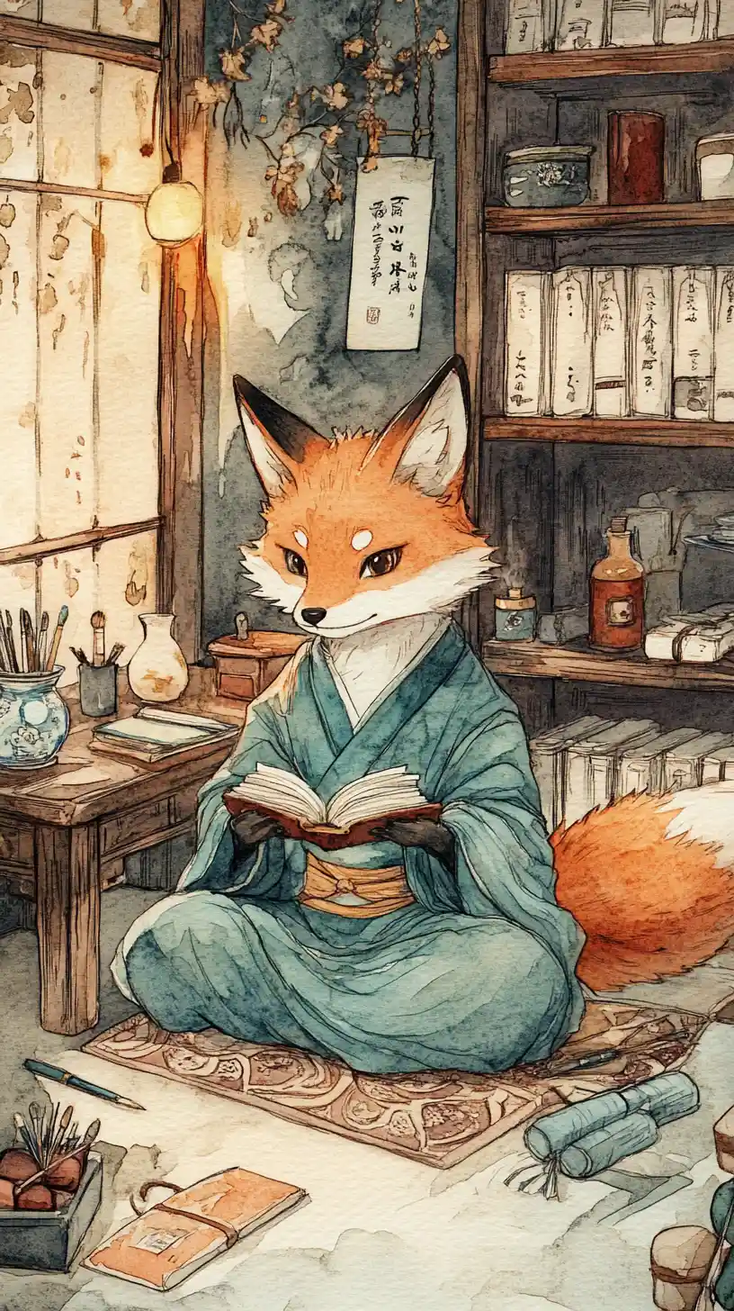 Anthropomorpher Fuchsgelehrter schreibt Kalligraphie in gemütlichem Arbeitszimmer