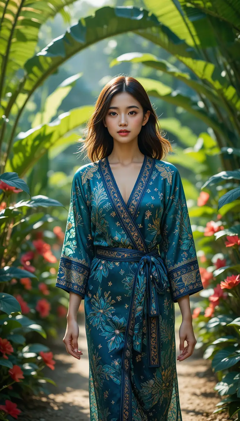 Korean girl in batik silk dress walking through tropical garden
