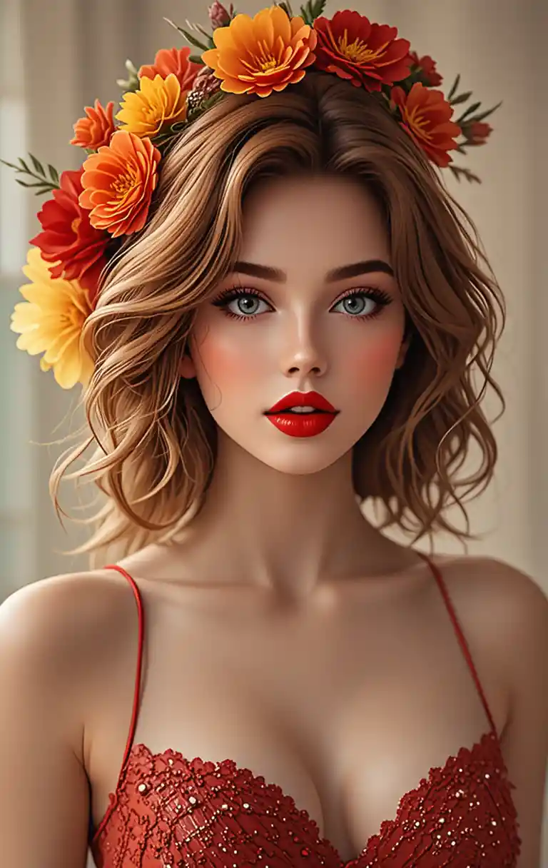 Elegant woman with floral hat and striking red lipstick