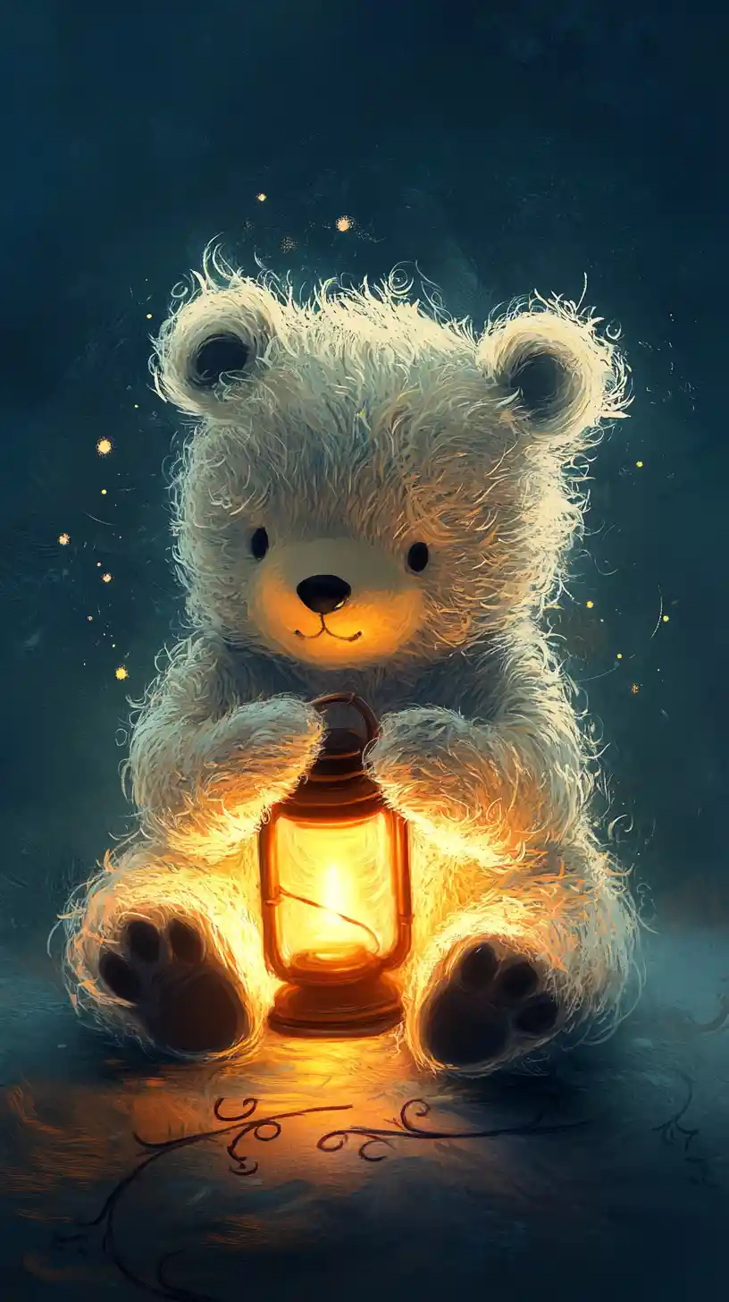 Cute fluffy bear cub holding a softly glowing lantern