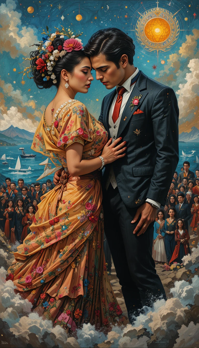 Surreal couple sharing a bittersweet farewell embrace