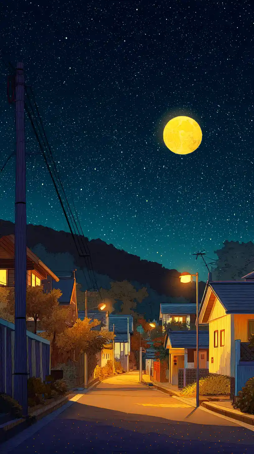 Cozy Japanese Neighborhood Street Under A Starry Night Sky