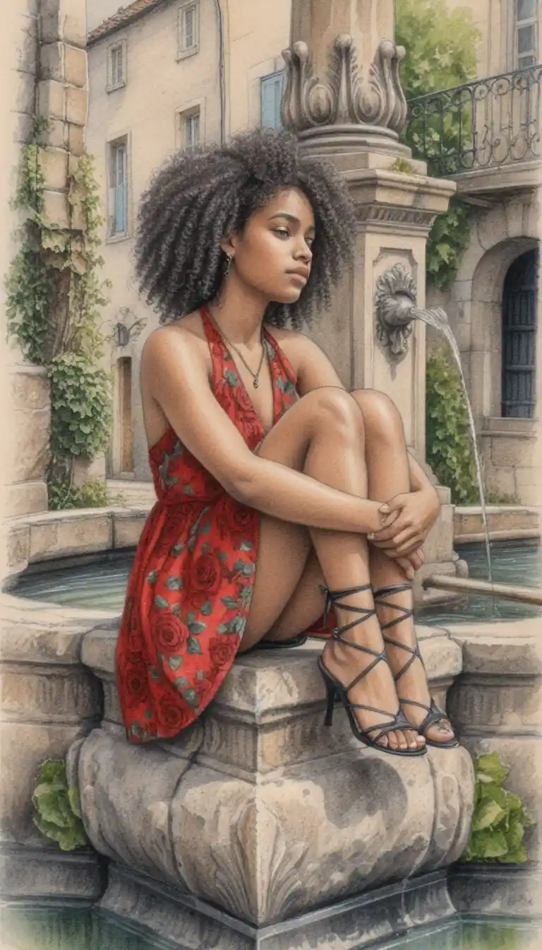 Curly haired woman on stone fountain in city square