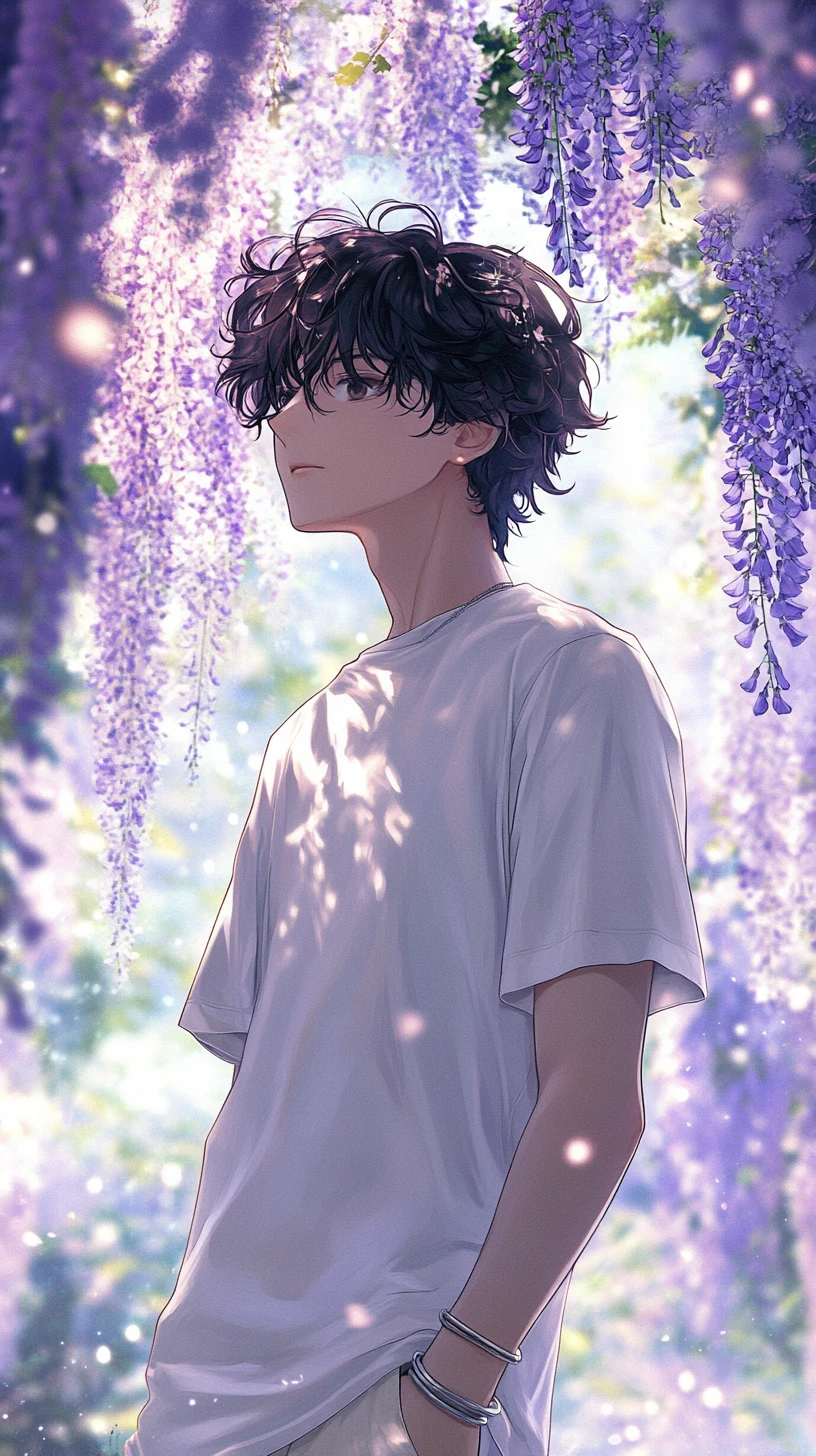 Anime boy under cascading purple wisteria flowers