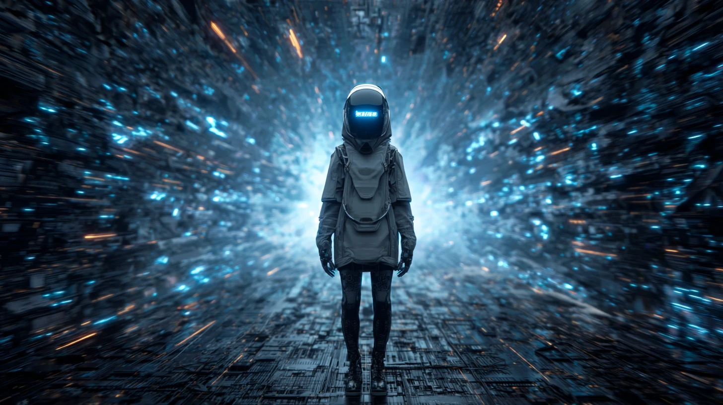 Futuristic man in black armor in apocalyptic landscape