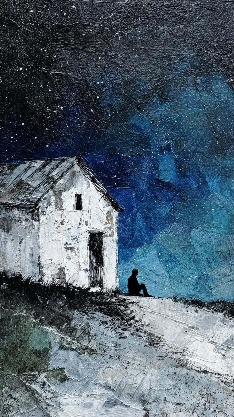 Tiny figure beside white house under a starry night sky