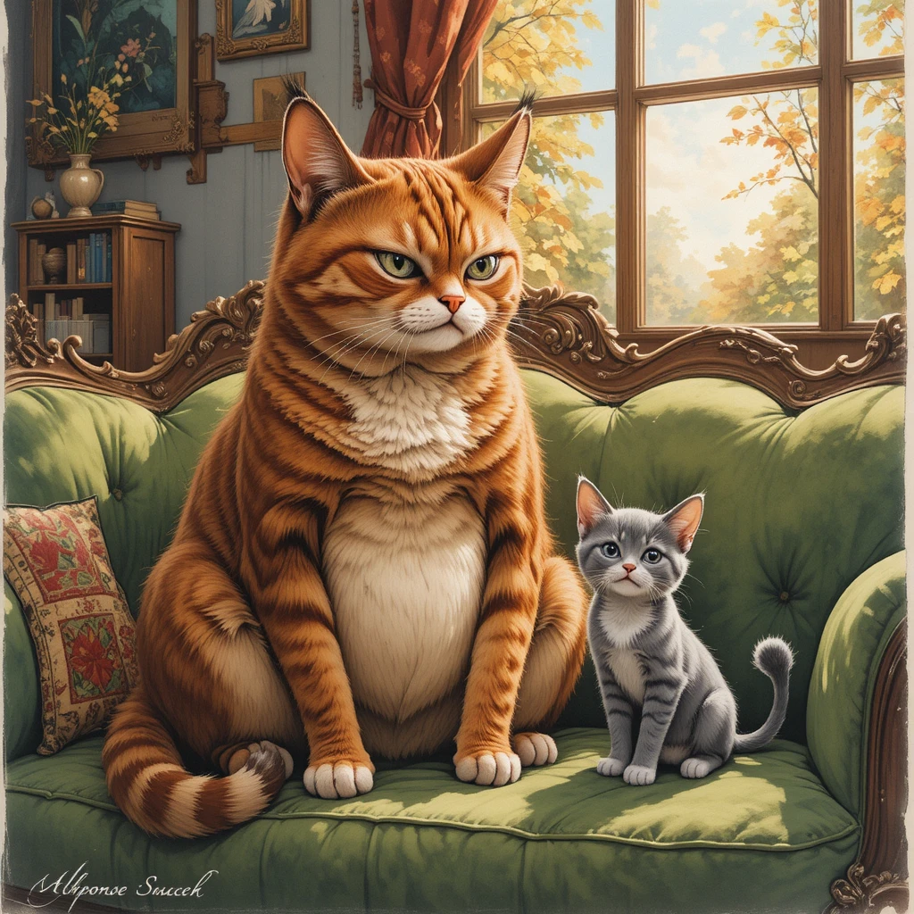 Grumpy Red Tabby Cat And Happy Kitten On Green Sofa