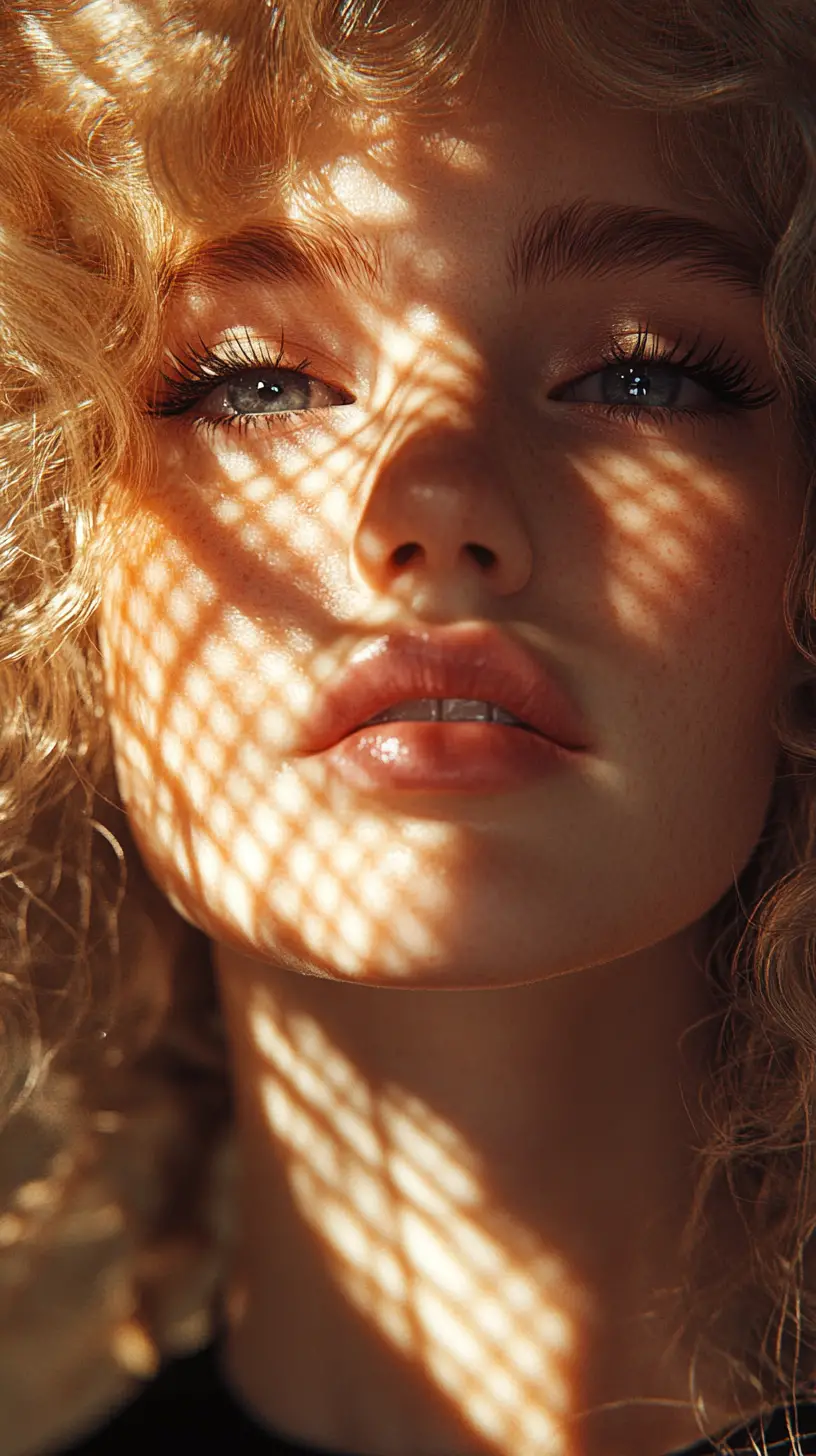 Golden light on young woman with patterned shadowed face
