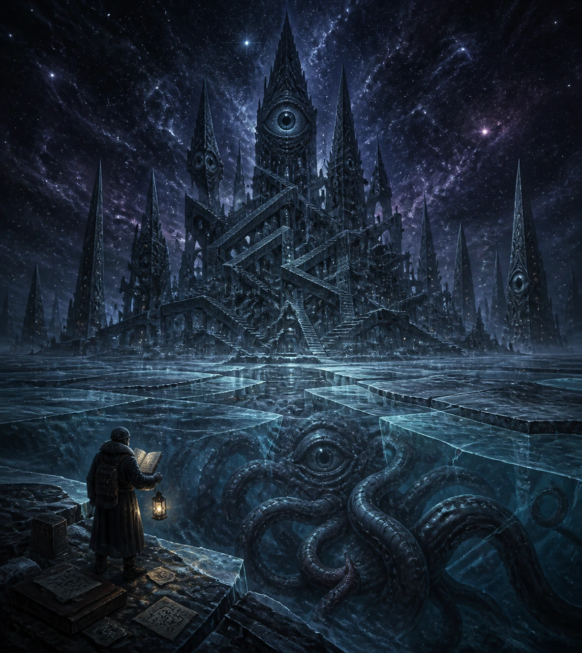 Cyclopean alien city rising from a frozen sea