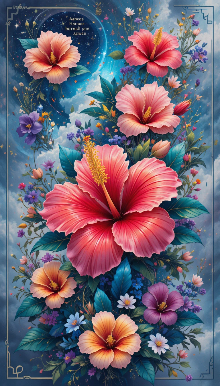Cosmic vector illustration of vibrant natural hibiscus flowers