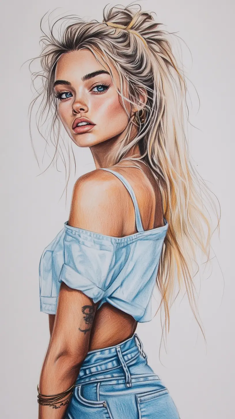 Tall athletic blonde woman in colored pencil illustration