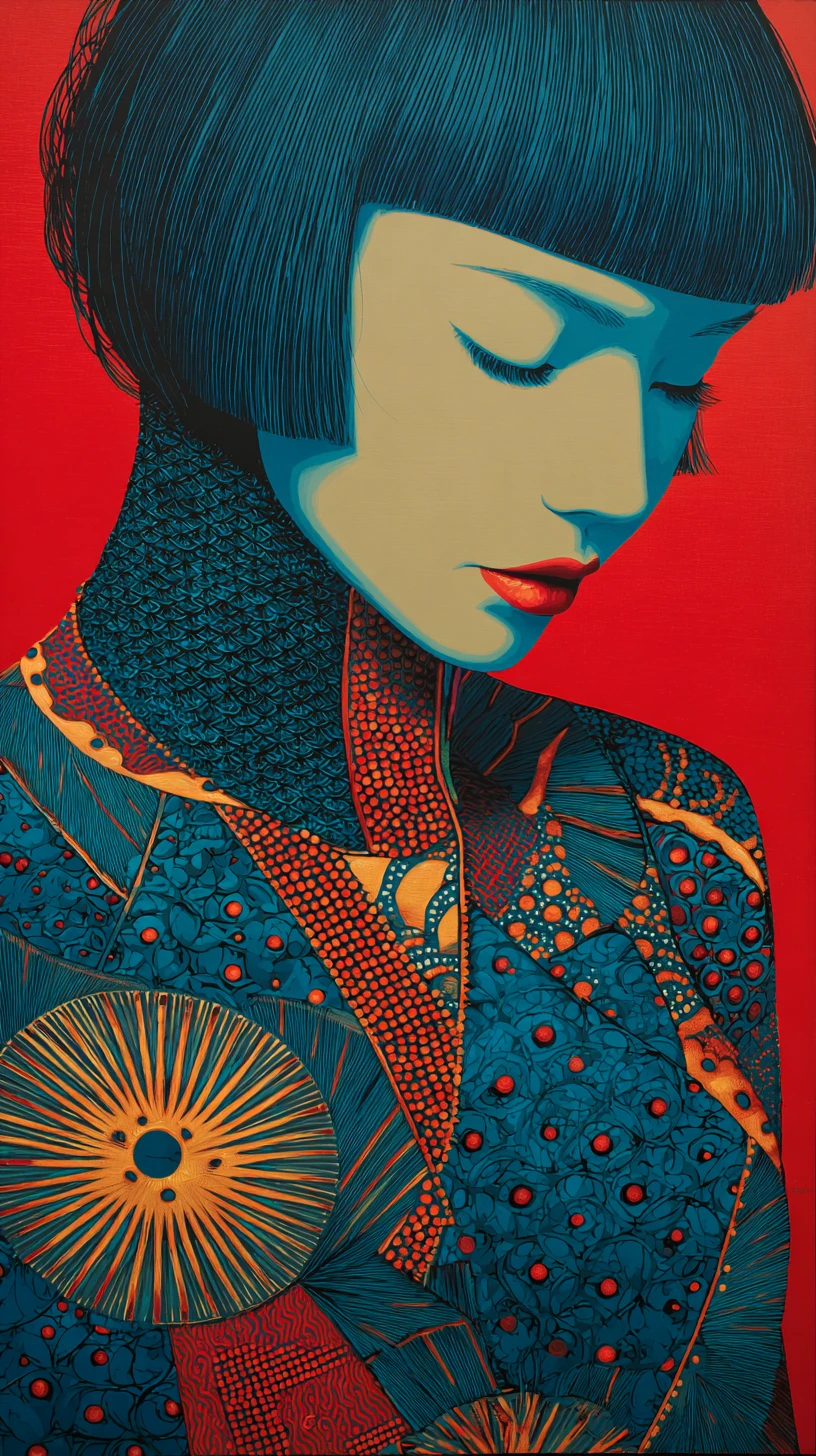 Stylized portrait of a woman in patterned blue and red garment