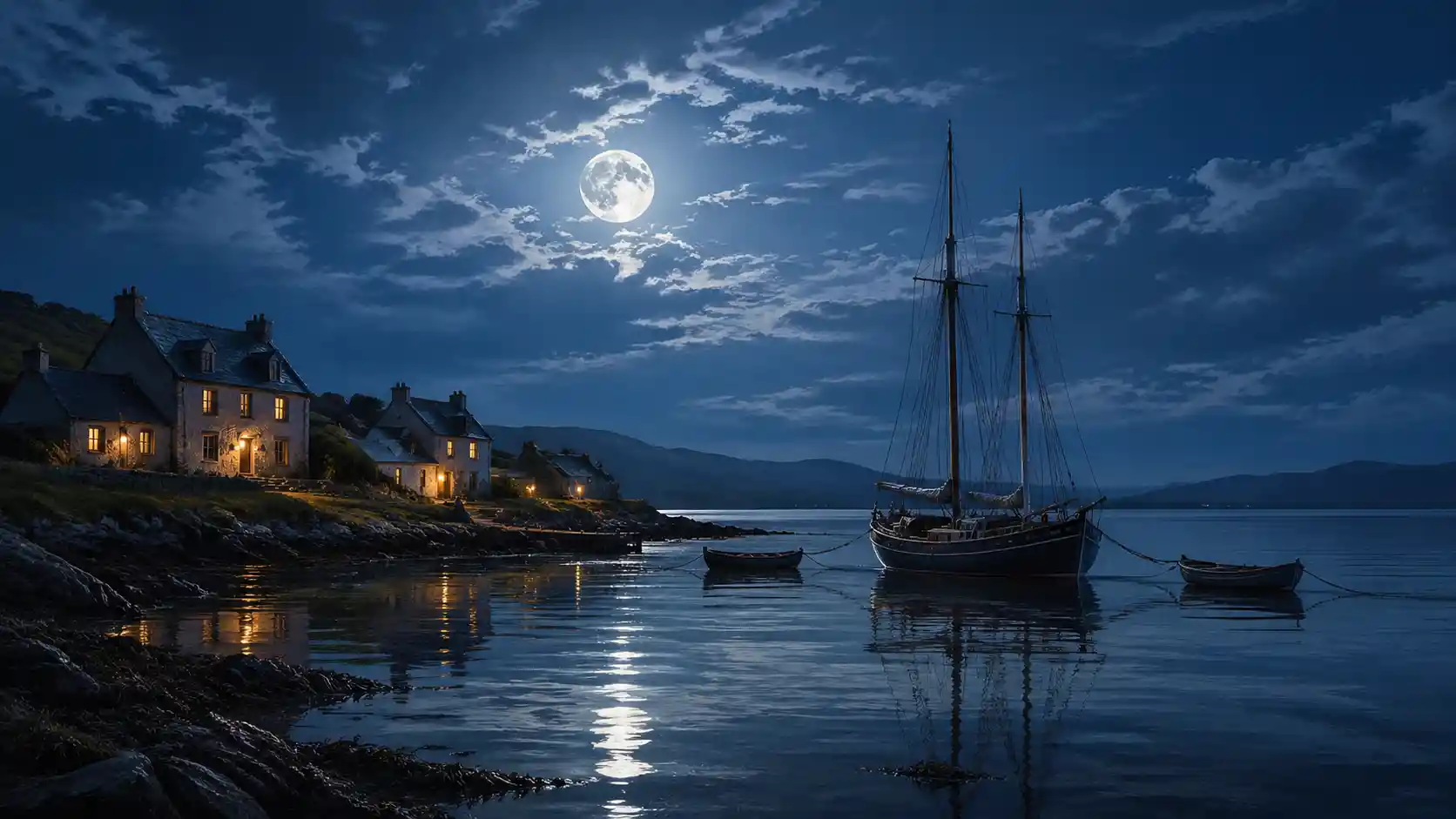 Sailboat Under Full Moon Beside Quiet Scottish Shoreline