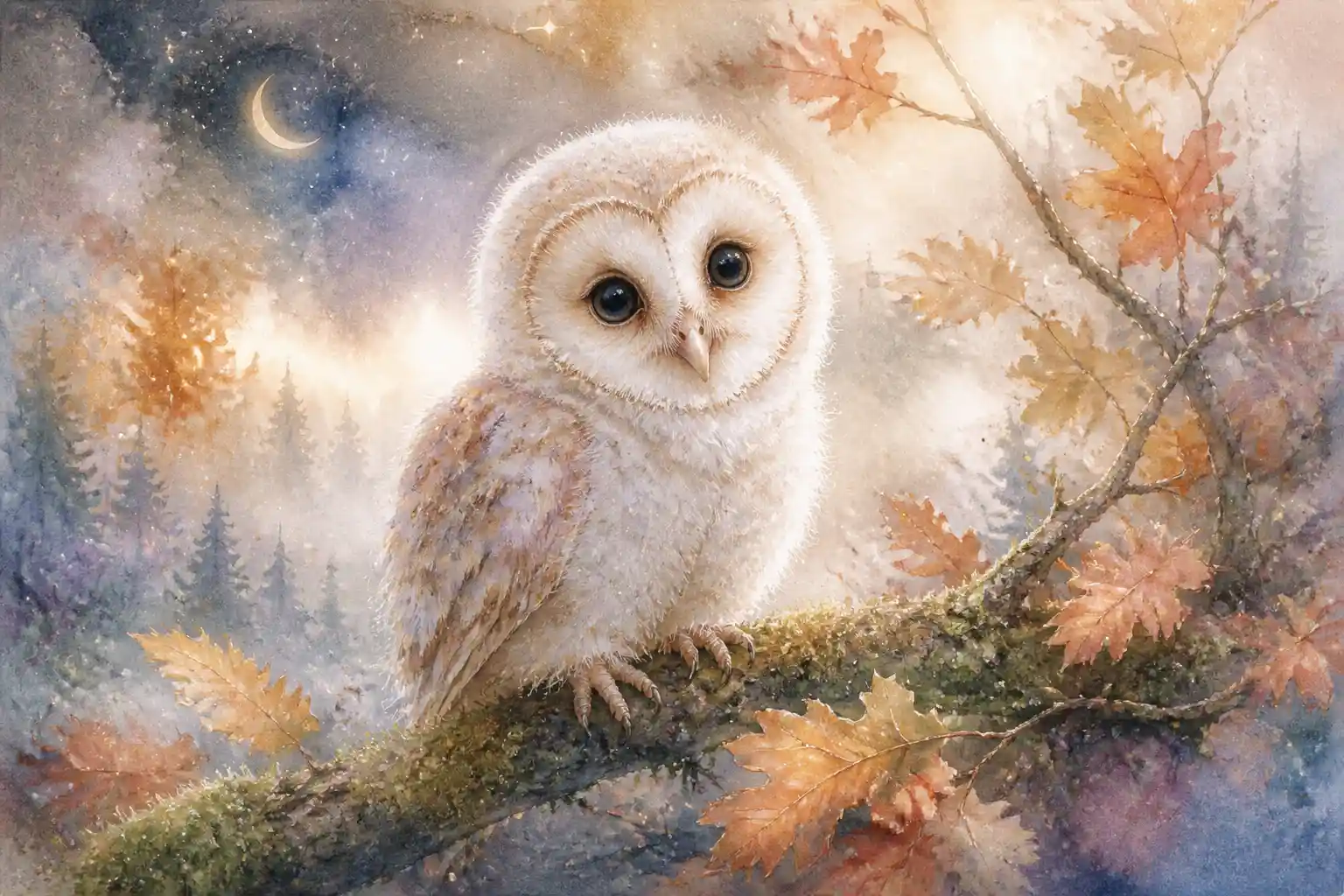 Watercolor baby barn owl on mossy branch in autumn forest